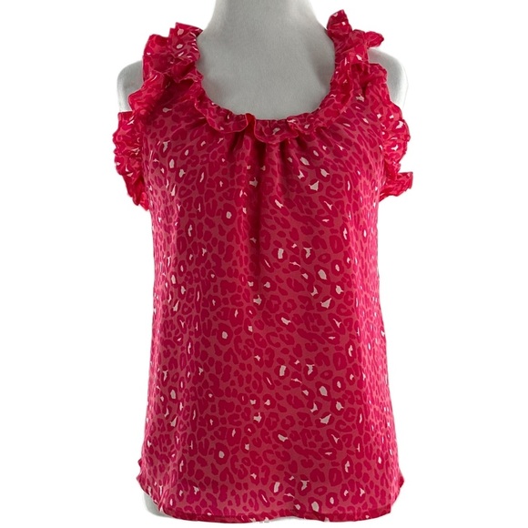 Britt Ryan ruffle blouse size 0 100% silk pink leopard print sleeveless top